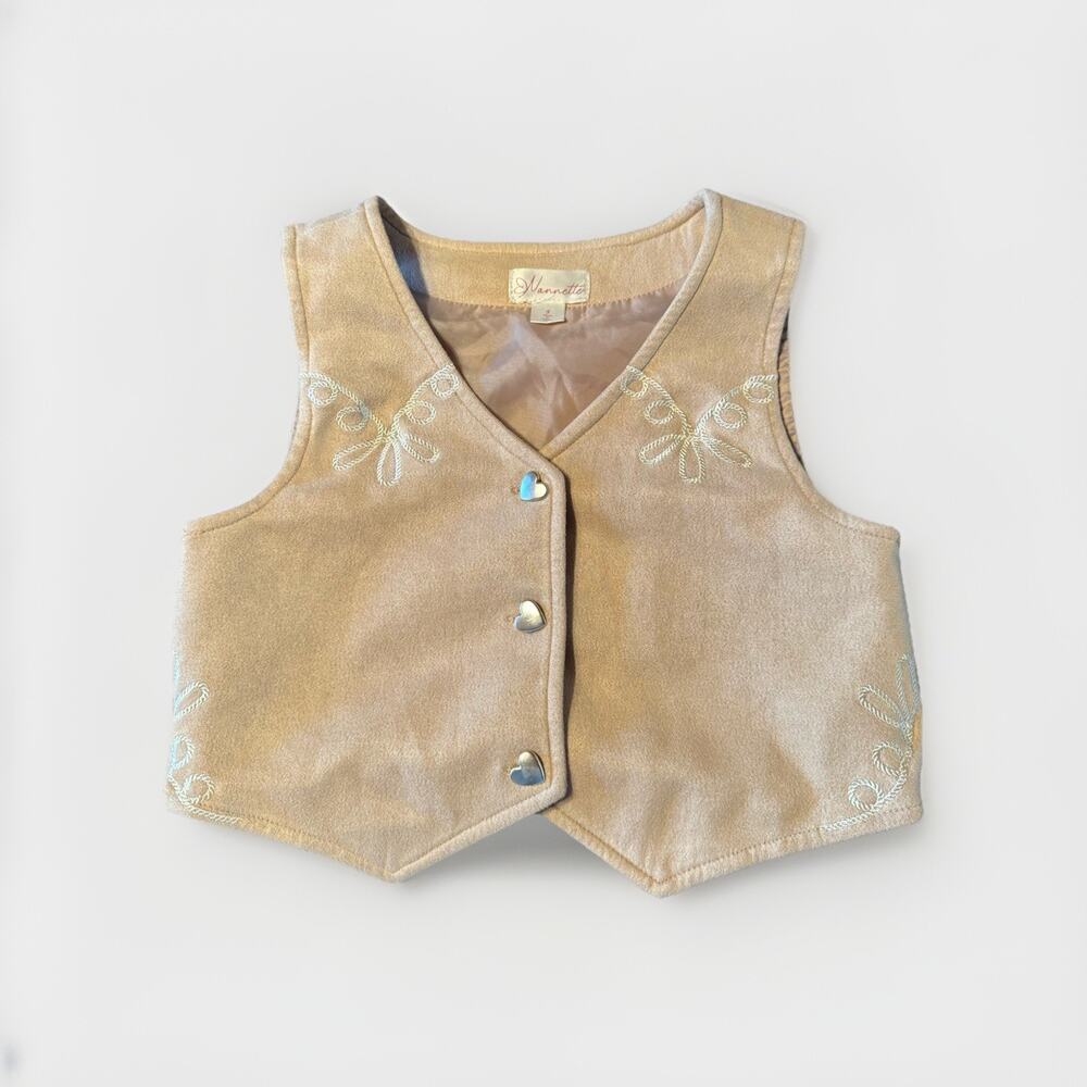 Toddler Western Camel Suede Embroidered Vest Heart Buttons Cowgirl Farm Rodeo